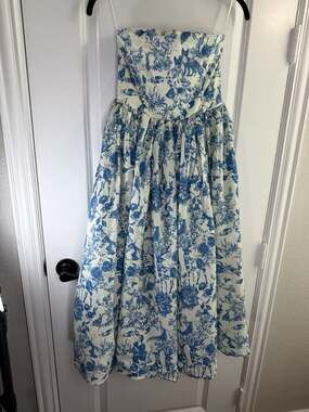 Klessis Blue Toile Print Strapless Midi Dress